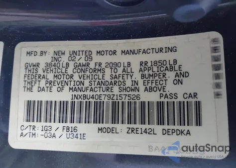 2009 Toyota Corolla from USA, damaged, VIN 1NXBU40E79Z157526